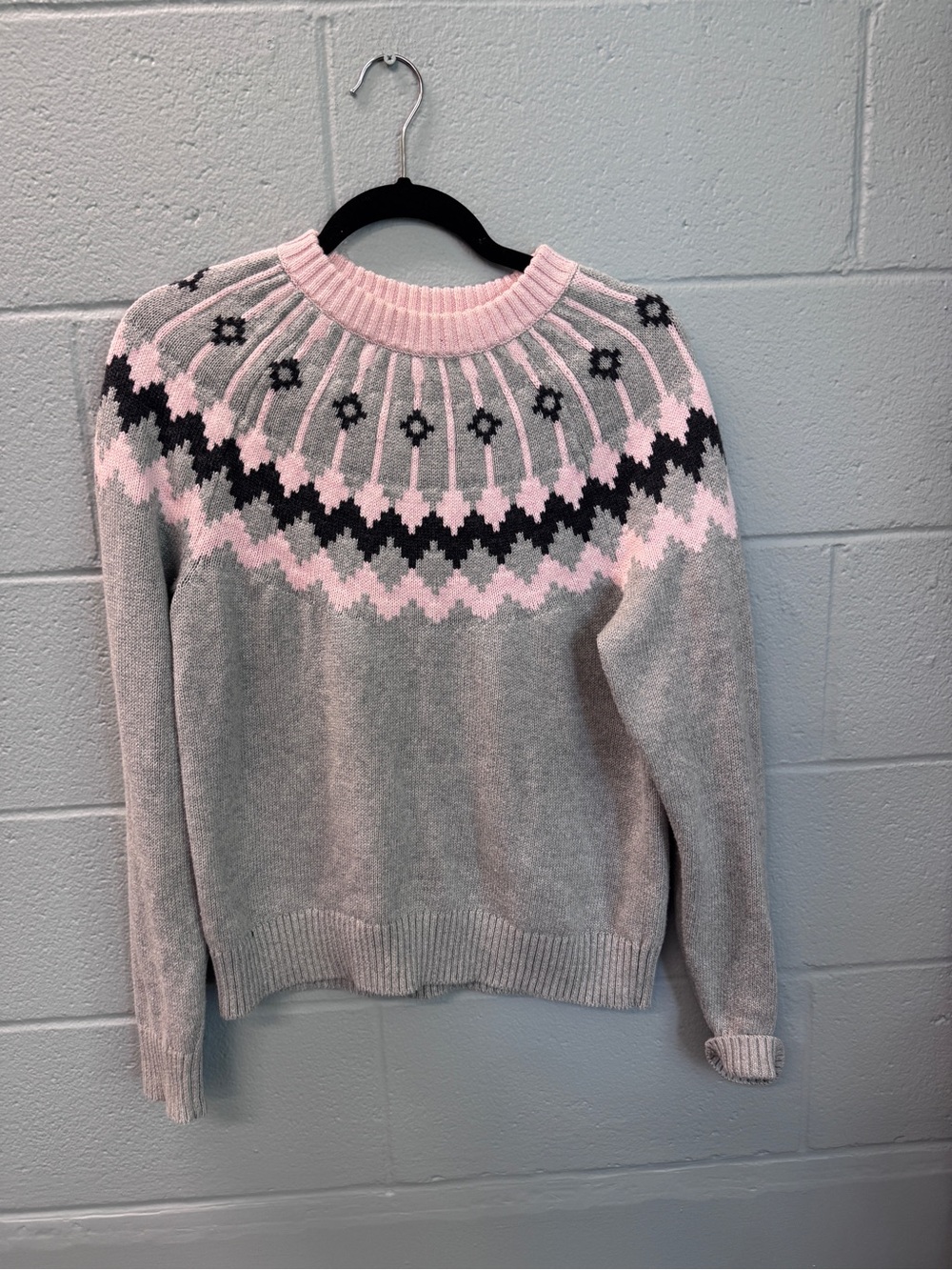 J.Crew Grey & Pink Fair Isle 100% Cotton Sweater M